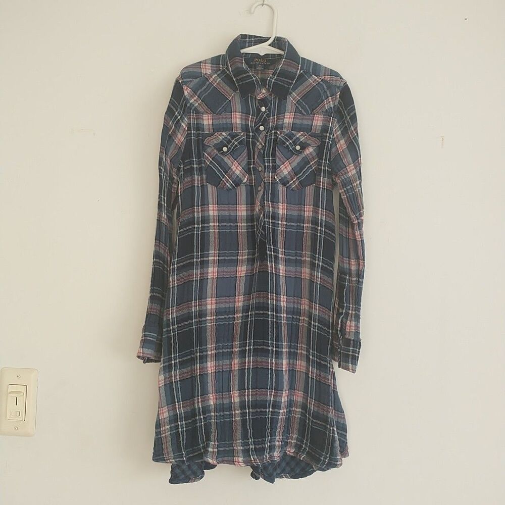 Polo Ralph Lauren Girls Dress 10 Blue Plaid Pearl Snap Flannel Western